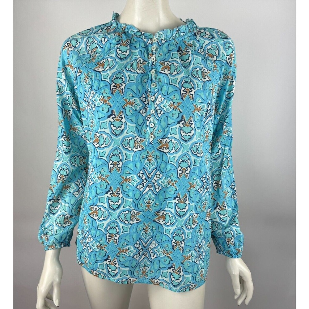 Talbots Lightweight Cotton Blouse Top Women NWT 3/4 Sleeve Ruffle Crew Neck Blue